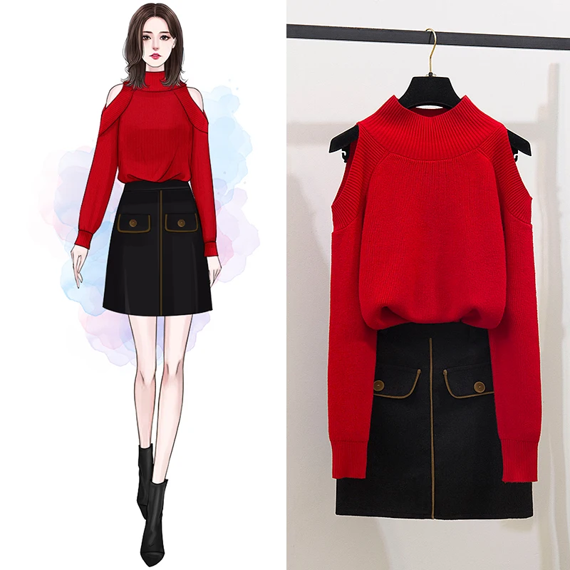 

Knitting Skirt Sexy Off-The-Shoulder Sweater Sets High Collar Thick Knitted Top Skirts Jacket Fashion Pullover Knitwear Outfit