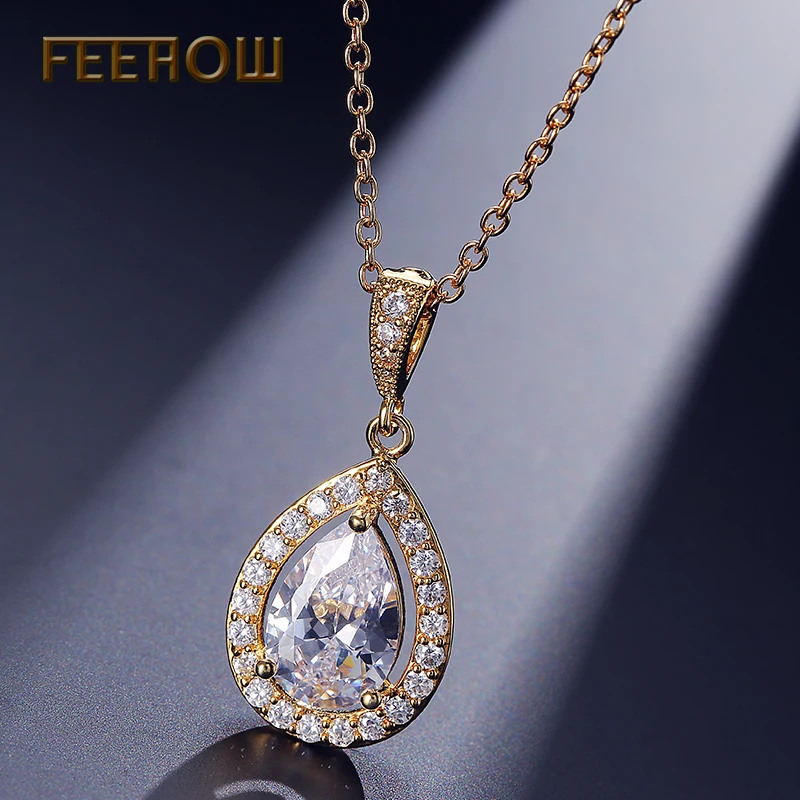 FEEHOW Новый AAA капли воды кубического циркония кулон ожерелья Мода Прозрачный