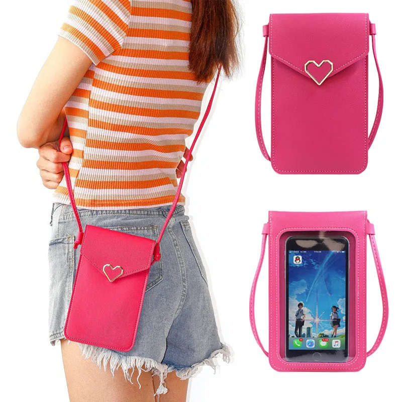 

Women Touch Screen Cell Phone Purse Transparent Simple Bag New Hasp Heart Wallets Smartphone Leather Shoulder Light Handbags