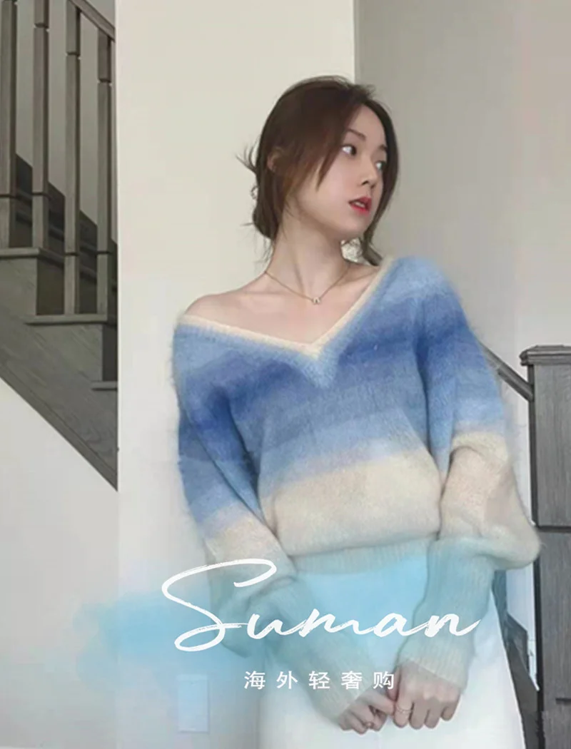 

21 autumn winter gradient Mohair V-neck loose and versatile long sleeve sweater women