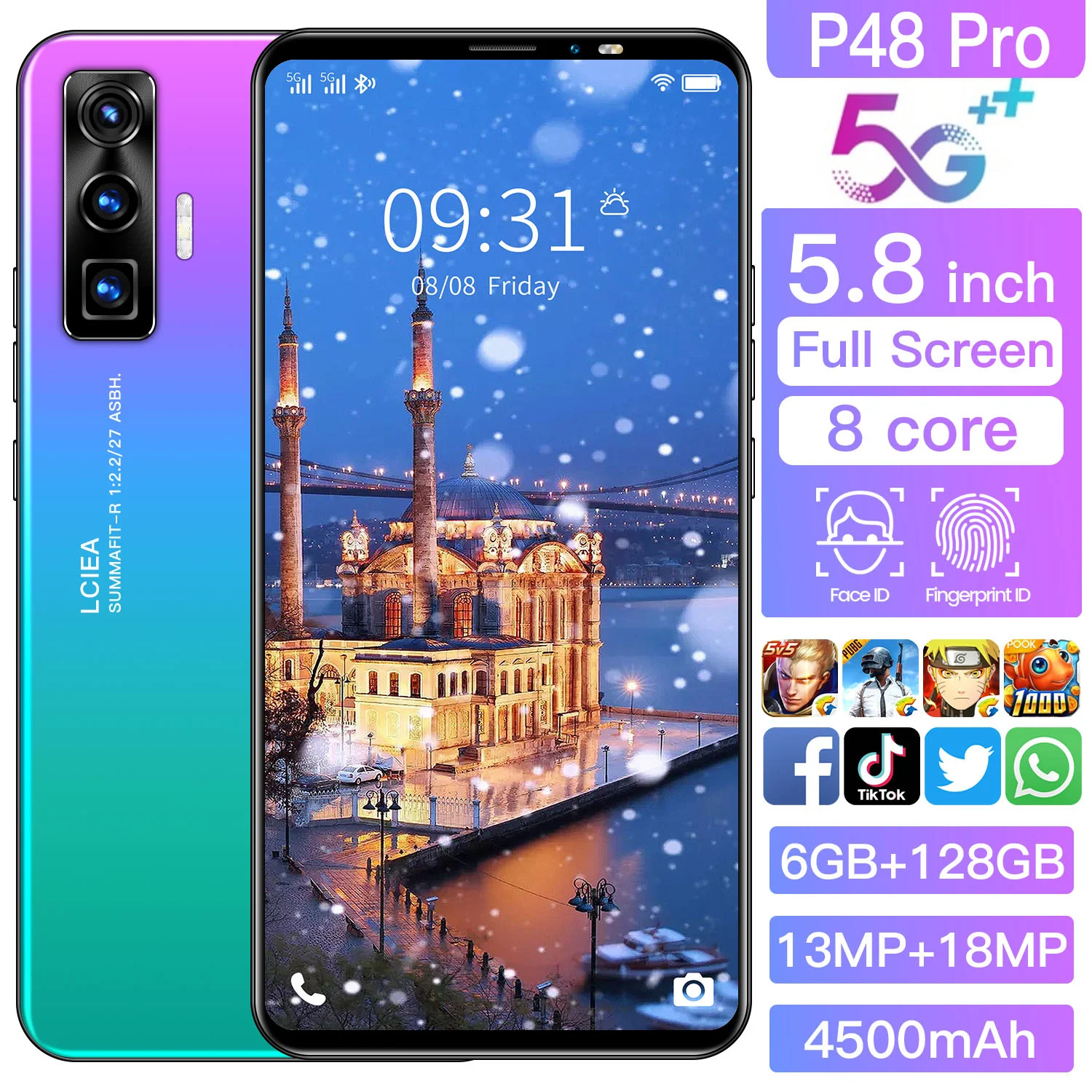 

Smartphone P48 Pro 5.8inch Full Screen 8G 256G 13MP+18.0MP Camera 4500mAh Big Battery 5G Cellphone Android 10.0 Global Version