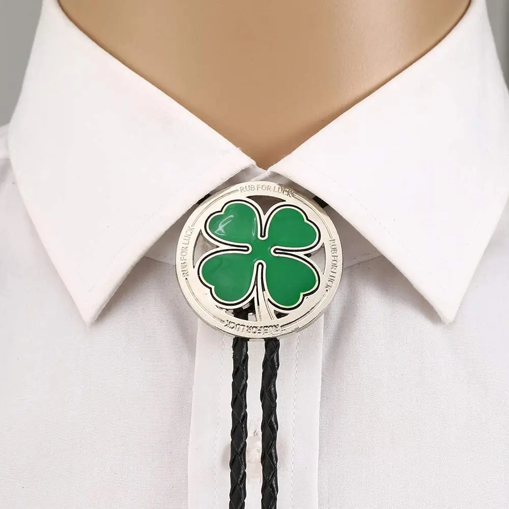 

Western cowboy bolo tie leaves green clover unisex leather collar rope birthday banquet suit accessories