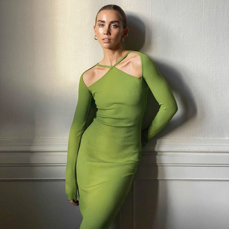 

The New Fashion Solid Strapless Long Sleeve Dress Women Outfits Elegante Clubwear Urbane Bodycon Midi Dress