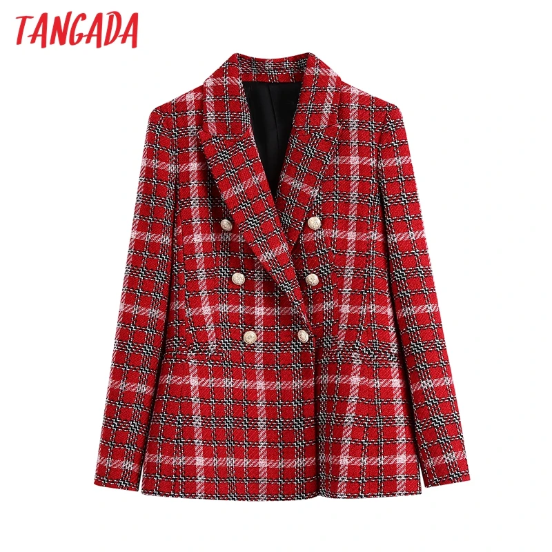 

Tangada Women Red Plaid Thick Blazer Female Long Sleeve Elegant Jacket Ladies Work Wear Blazer Suits BE05