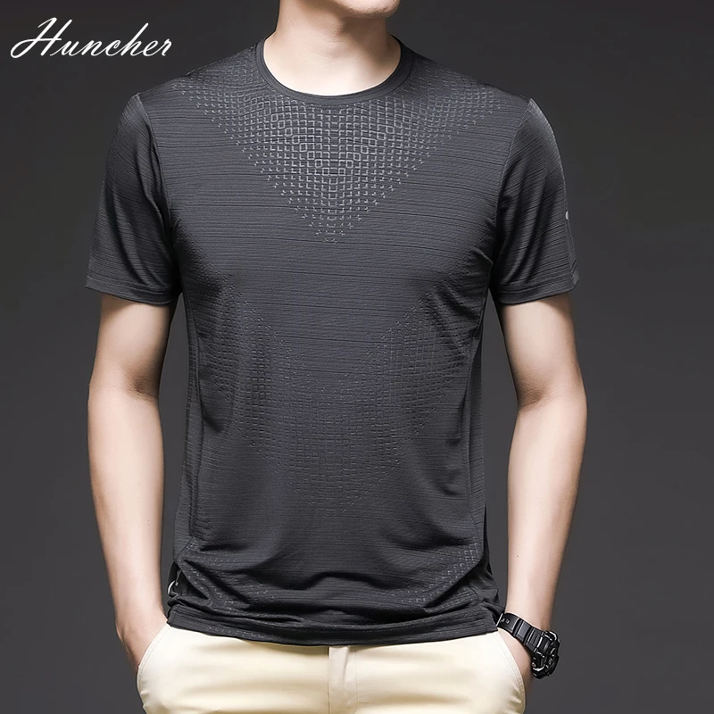 

Huncher летние мужские футболки 2021 Модные трикотажные изделия для бега быстросохнущие эластичные облегающие мужские футболки из ледяного шел...