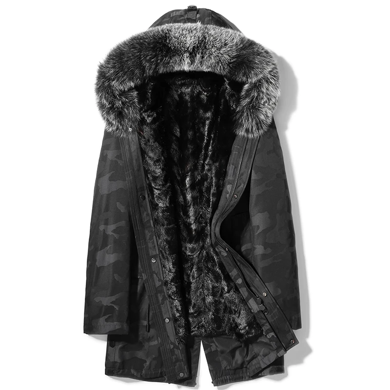 Новинка Зима 2019 мужское меховое пальто с капюшоном длинное камуфляжное