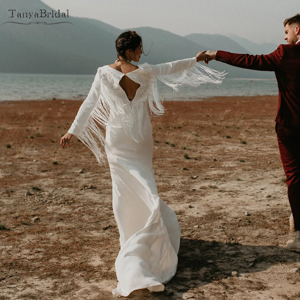 

Простое свадебное платье с длинным рукавом и открытой спиной, платье невесты в богемном стиле с бахромой и кисточками, платье русалки, DW456