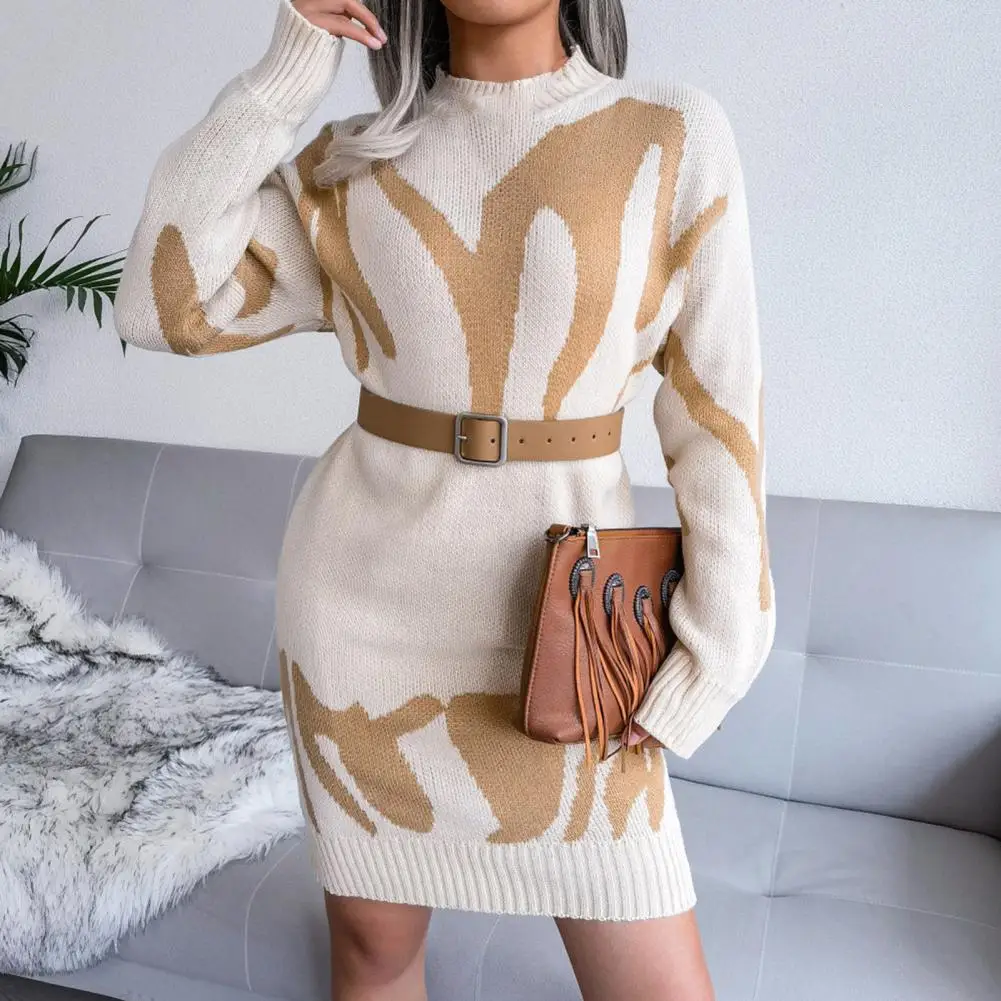 

Women Sweaters Dress O-neck Long Sleeve Dress 2021 Stylish Elegant Striped Print Women Ribbing Cuff Mini Dress for Outdoor