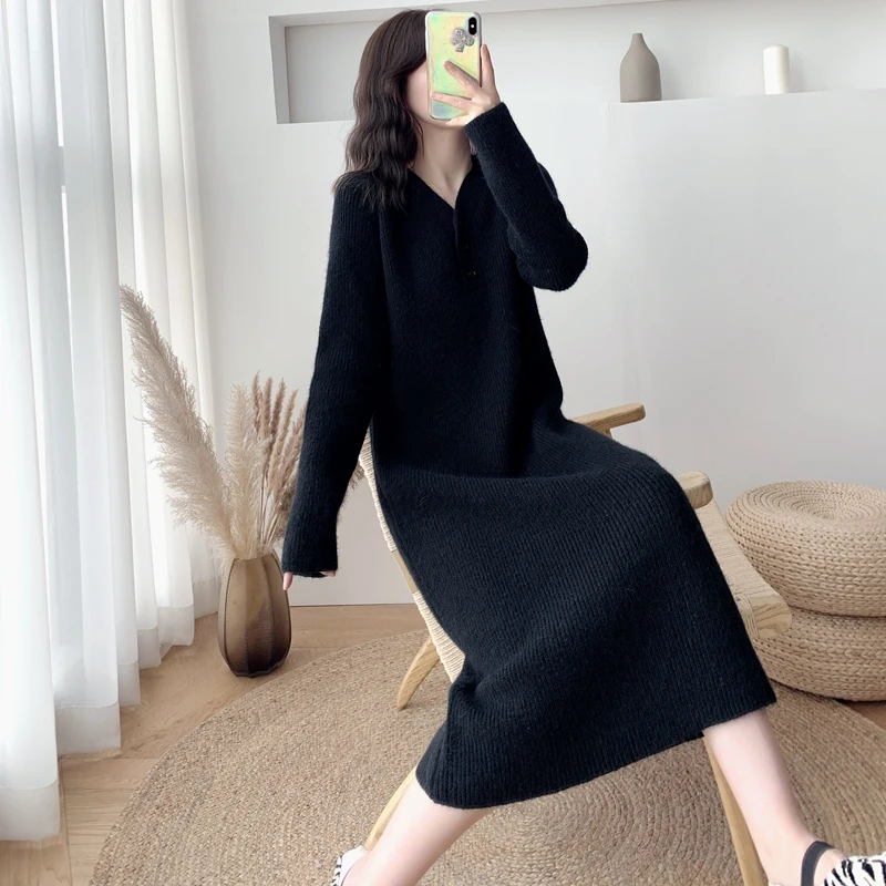 

Casual Thick Warm Autumn Winter Dress V-Neck Mid-Length Women Sweater Slim Female Knit Vestidos