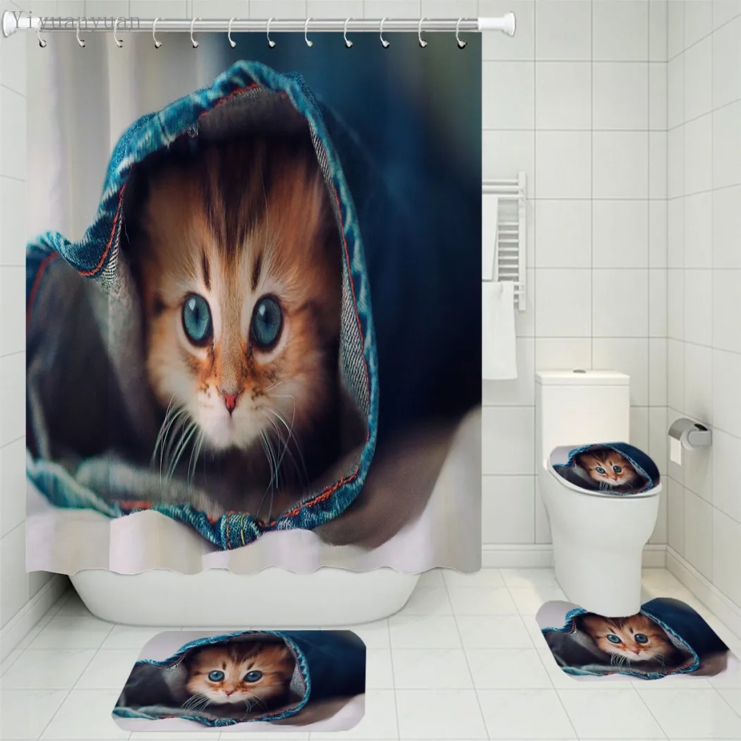 Comprare Cute Cat Set Di Tende Per Doccia Stampate In 3D Tenda Da Bagno In Poliestere Impermeabile Gattino Tappetino Da Bagno Copriwater Tappeto Decorazioni Per La Casa