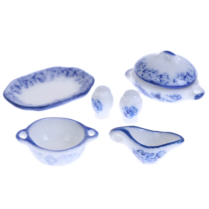 

15Pcs/set Cute Blue Mini Dollhouse Ceramic Printing Tableware Bowl Food Dishes Plates Kitchen Toy