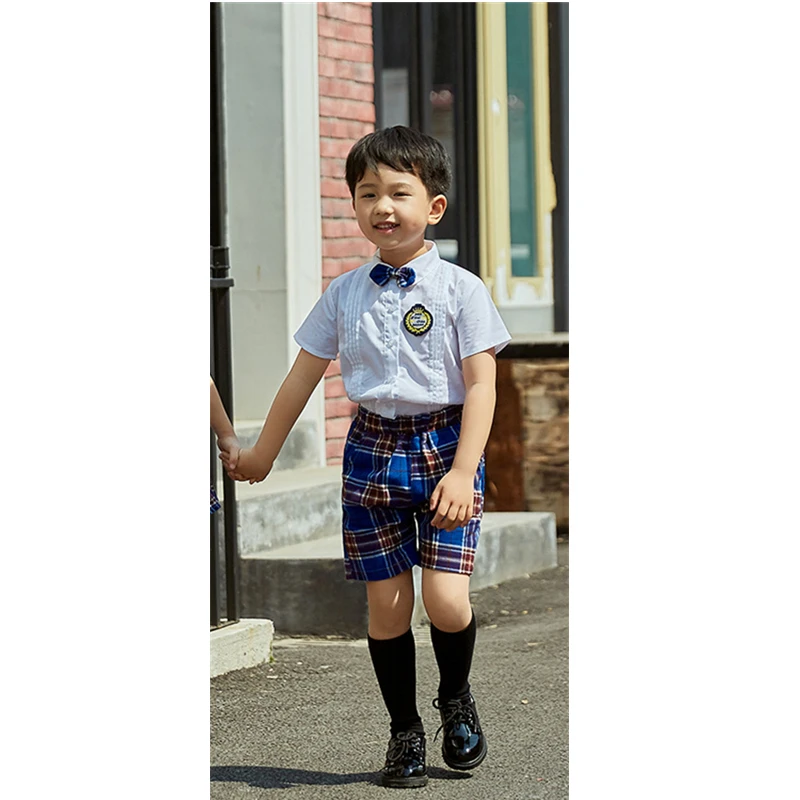Boy Blue Set Детская модная школьная форма в корейском и японском стиле на рост 90-180 см, классная одежда, топ, клетчатая юбка, сценические костюмы с галстуком для детей - Цвет: Boy Blue Set