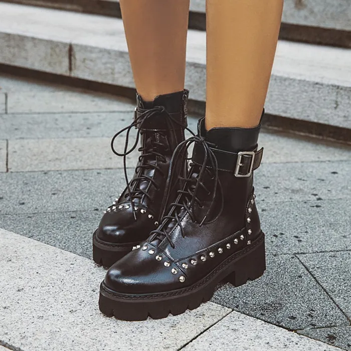 Женские ботинки с заклепками PXELENA в стиле панк на шнуровке среднем квадратном