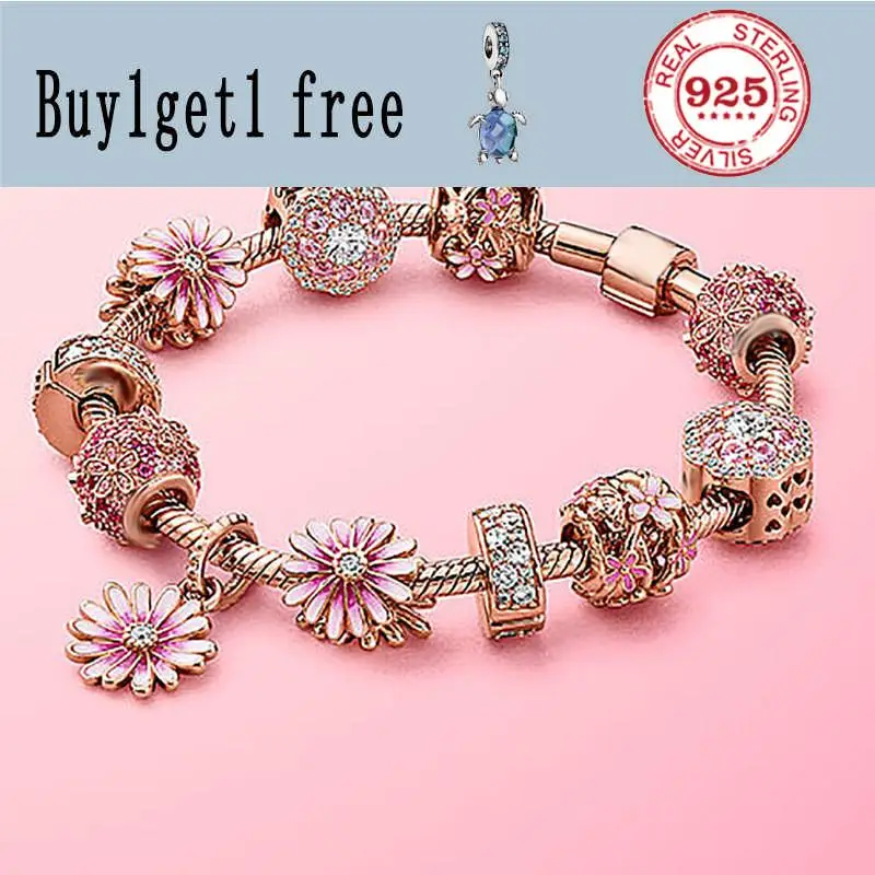 

100%925 sterling silver Spring girl pink flower world hollowed-out petals high quality pandora pandora bracelet jewelry