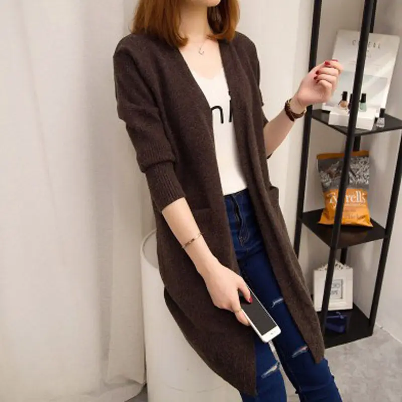 

Женский длинный вязаный кардиган, осенне-весенний кардиган с открытой передней частью, 2020