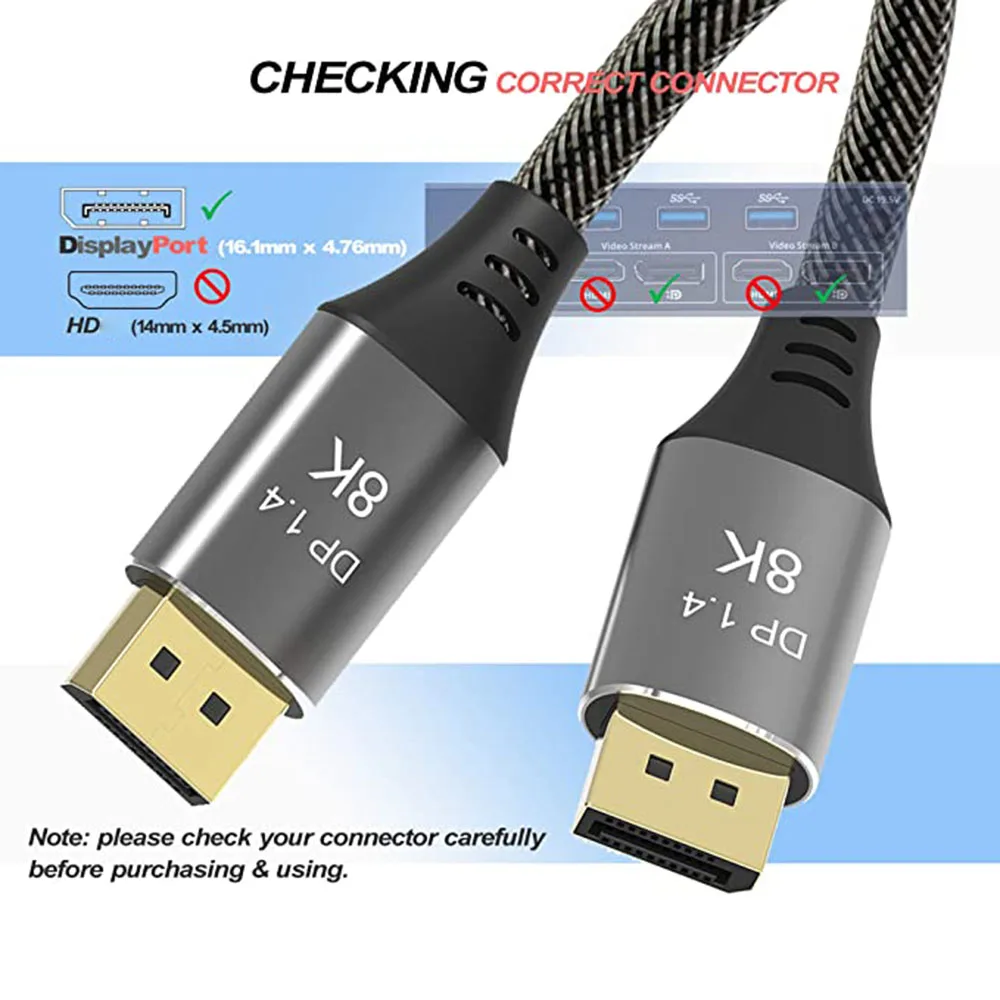 Кабель для порта дисплея 1 4 HD 8K 60 Гц 7680x4320 разрешение 32 Гбит/с передача нейлоновый