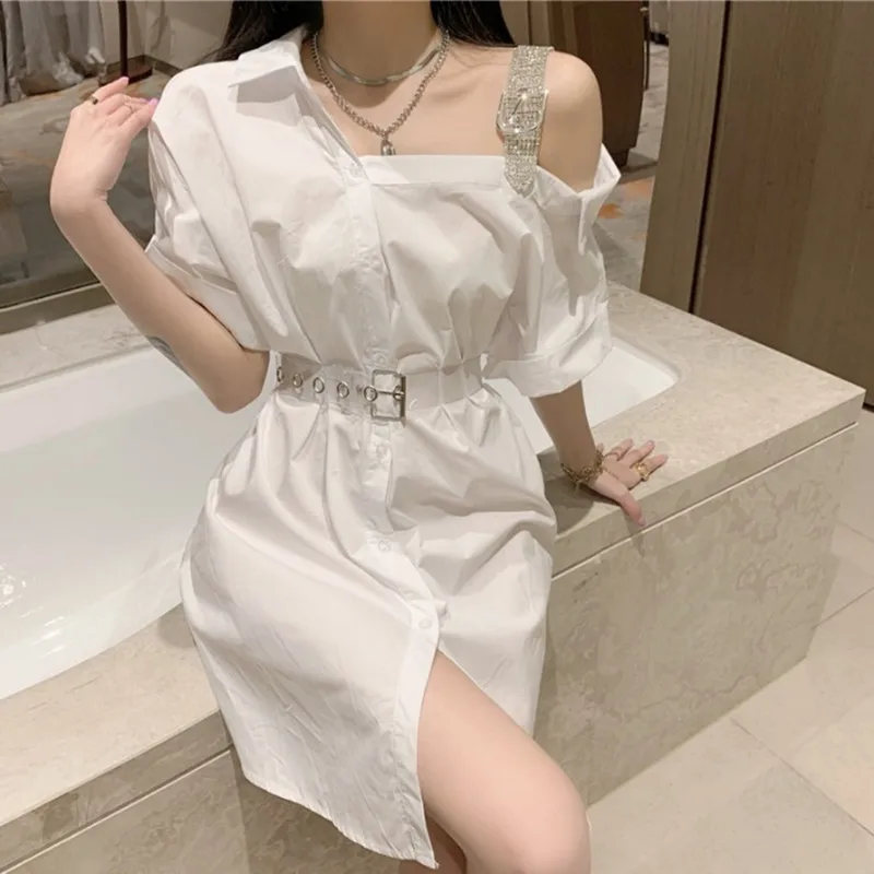 

Korean cotton linen one shoulder sexy short sleeve blouse dress women white slim waist female haut femme dresses with belt