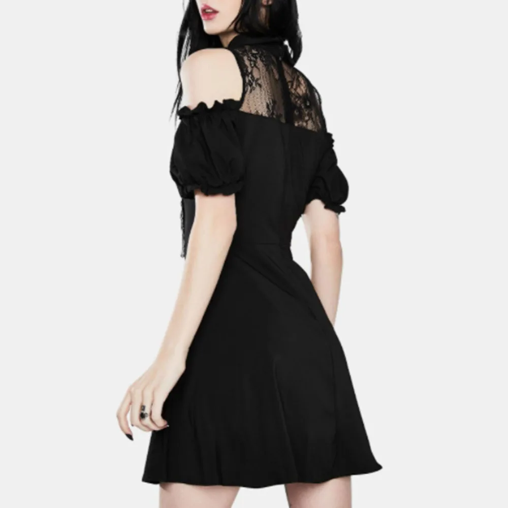 

Gothic Fashion Designer 2021 Summer Dress Draw Back Casual Simple Hipster Creative Lace Splicing Lapel Strapless Bow Summer