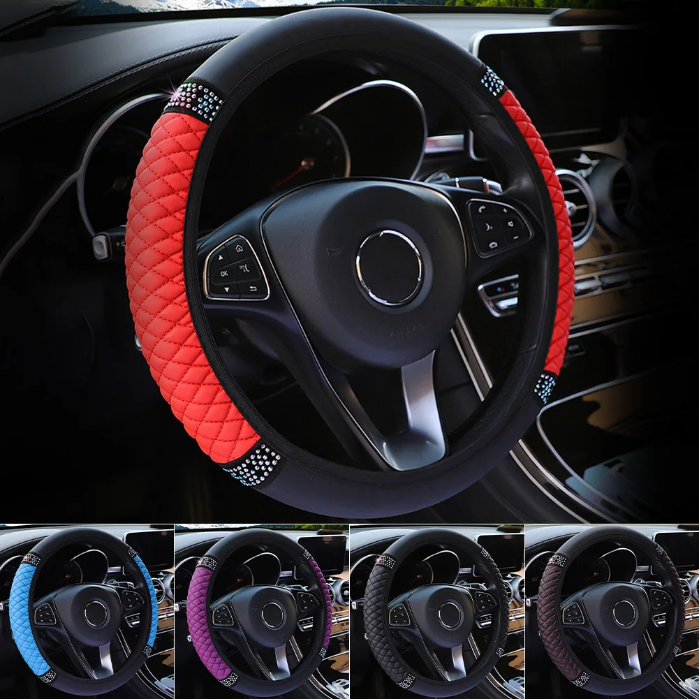 

14.5" 15" Universal Steering Wheel Cover Faux Leather with Rhinestones Embroidery Color Elastic Car Styling Interior Accessories