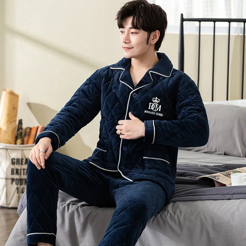 Sleeping Suit for Men Button Up Pajama Set Turn Down Collar Plus Size Pajamas Flannel Thicken Winter Warm Sleepwear Homewear