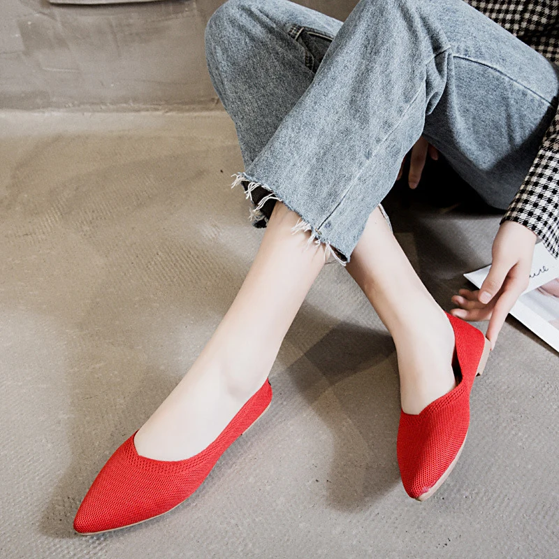 Woman Autumn Summer Breathable Knit Pointed Toe Single Shoes Women's Flat Shoes Casual Shallow Peas Shoes Girl Soft Ballet Shoes