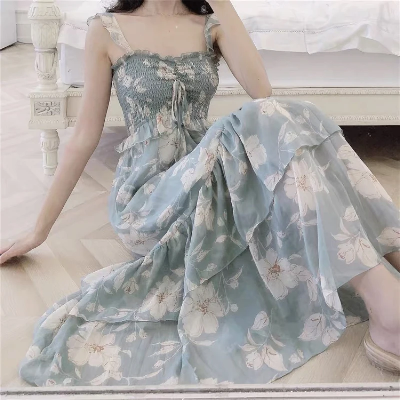 

2021 Summer Spaghetti Strap Chiffon Dress Women Sleeveless Vintage French Style A-line Long Dress Korea Chic Loose Thin Clothing
