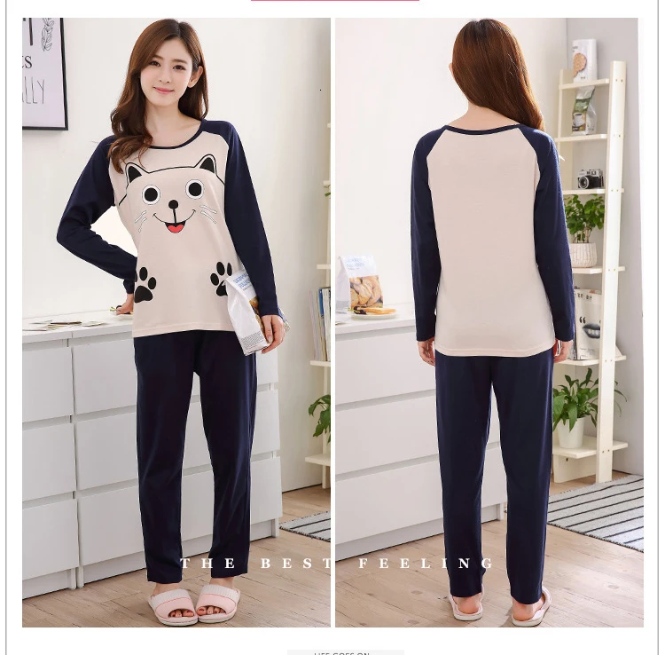 Пижамные комплекты для женщин с круглым вырезом Pijama Mujer пижама с длинным рукавом весенняя Хлопковая пижама Femme Повседневные наборы пижам комплект из двух предметов