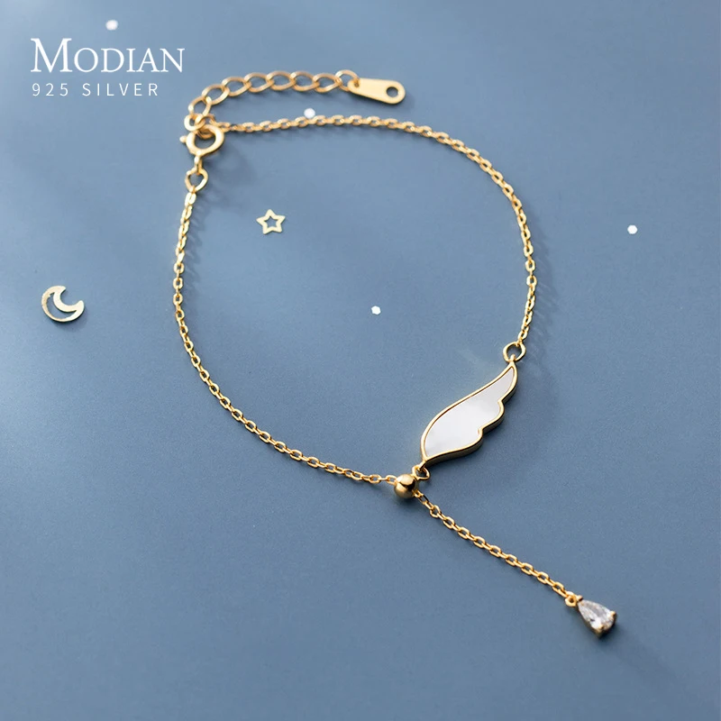 

Modian Light Beads White Shell Wings Tassel Water Drop Shape 925 Sterling Silver Link Chain Bracelet for Women Girl Fine Jewelry