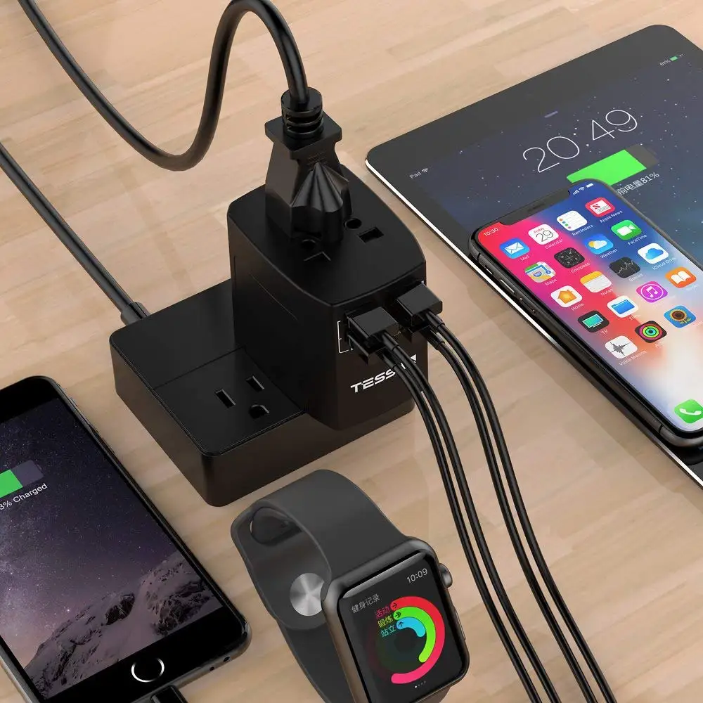 Универсальный дорожный адаптер TESSAN с 4 USB портами/3 портами переменного тока для