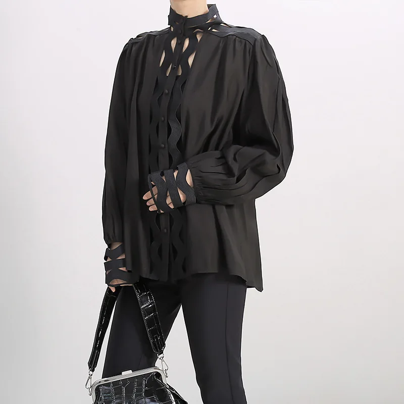 Max LuLu/модные корейские женские топы в стиле панк, хлопковые блузки, осенние женские сексуальные рубашки с дырками, Безразмерные с высоким воротом, свободная одежда