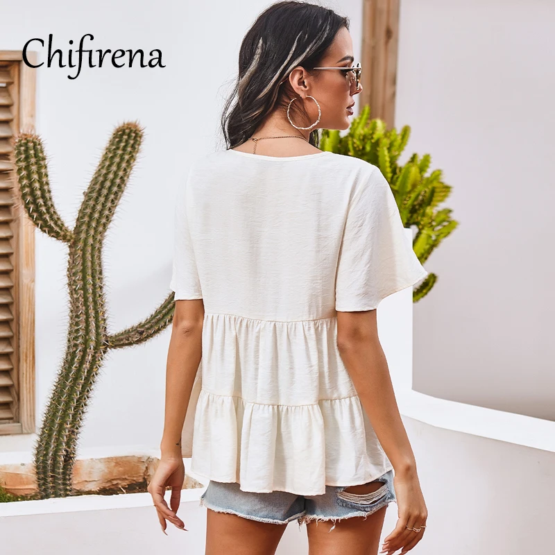 

Chifirena Oversized Summer Women T-shirt 2021 O Neck Top Casual Pullovers Tee Loose Short Sleeve Woman T-Shirts Kawaii Folds Top