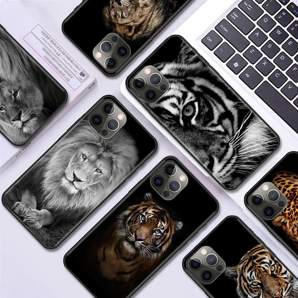 Mobile Phone Case for Apple iPhone 14 11 12 13 Pro Max XR X 7 8 Plus XS Black Soft Cover SE 2020 Coque Lion Tiger Animal Bumper