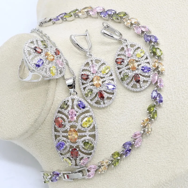 Серебряный цвет свадебные ювелирные изделия разноцветные камни кубический