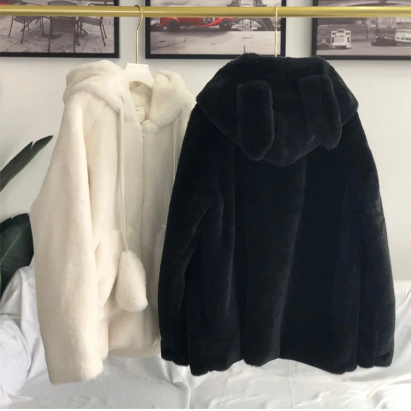 Moving Ears Korean Faux Rabbit Fur Plush Coat Women Winter Thick Furry Jacket Biker Woman White Hooded Pocket Oversized Shelter