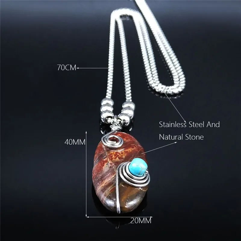 

2021 Red Natural Stone Stainless Steel Bohemia Necklaces for Women Silver Color Long Necklace Jewelry collares mujer NXS04