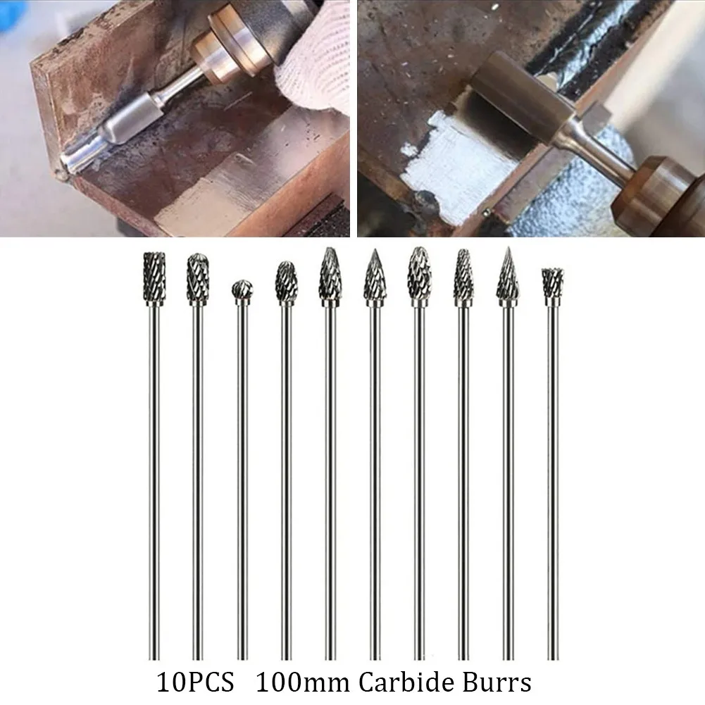 10Pcs Tungsten Carbide Burr Bit 4Inch Long Double Cut Tungsten Solid Carbide Rotary Drill 1/8Inch(m) Shank CNC Engraving File
