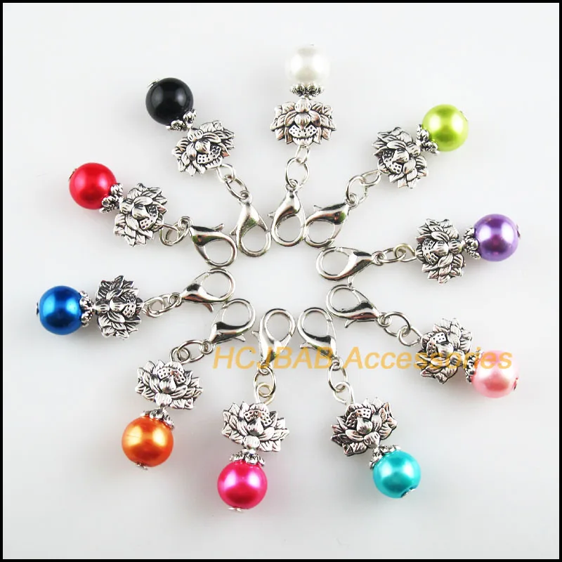 

10Pcs Tibetan Silver Tone Lotus Retro Mixed Ball Glass 12x22mm With Lobster Claw Clasps Charms