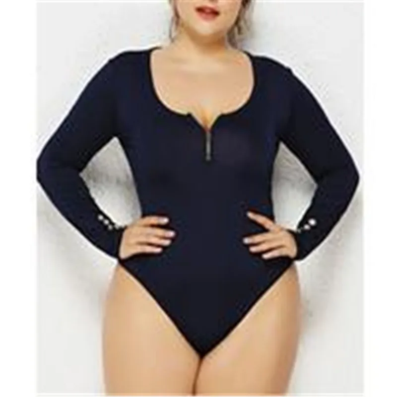 

Plus Sizes Women's Leotard Bodysuit New Sexy Zippers Long Sleeves Soild Color Jumpsuit Female's Stretch Bodycon Playsuit Autumn