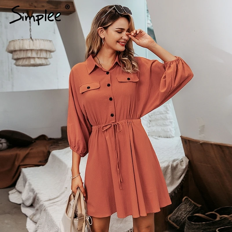 Simplee Женское винтажное льняное короткое платье, из хлопка, с длинным рукавом и пуговицами, женское повседневное платье цвета хаки для лета