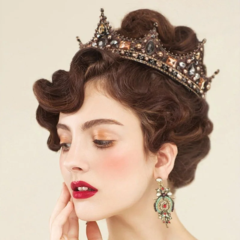 Женская диадема с жемчугом FORSEVEN черная круглыми бусинами и кристаллами