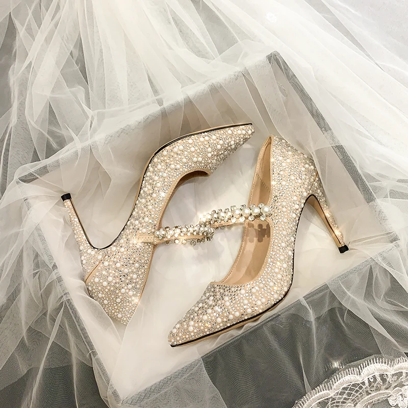 Newest Women High Heels Female Fashion Pearl Decorative Strape Pumps Ladies Diamond Wedding Dress Shoes