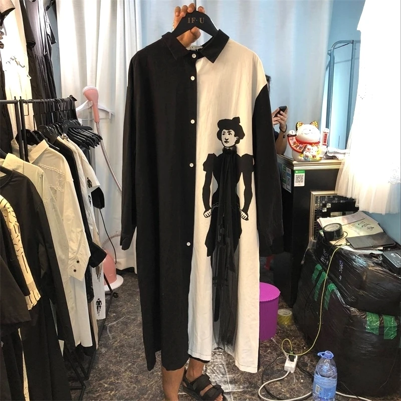 Женское свободное платье [IEQJ] черно белое однобортное свободного покроя с