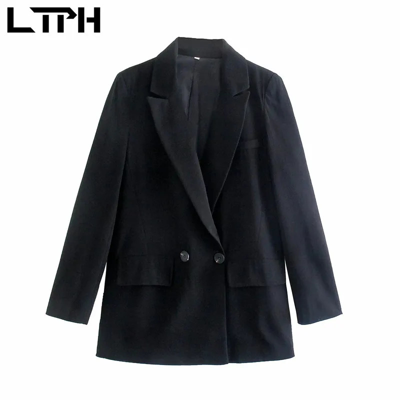 

LTPH винтажный черный блейзер для женщин средней длины двубортный женский костюм пальто повседневная офисная Дамская деловая куртка 2021 Осен...
