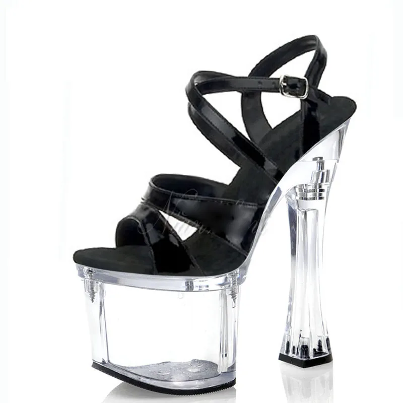 Women Clear Platform Sandals Patent Leather Stage Show 18cm High Heeled Pole Dance Shoes 18cm Open Toe Coarse Fetish