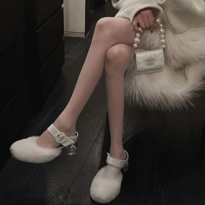 

Fashion Transparent Chunky Fur Summer High Heels Slippers Slingback Sandals 2022 New Mules Women Shoes Dress Slides Flip Flops