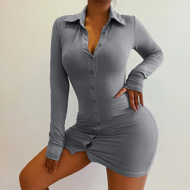 

Turn-down Collar Button Dress 2021 Women's Autumn New Temperament Commute Office Lady Casual Mini Party Pencil Dresses for Women