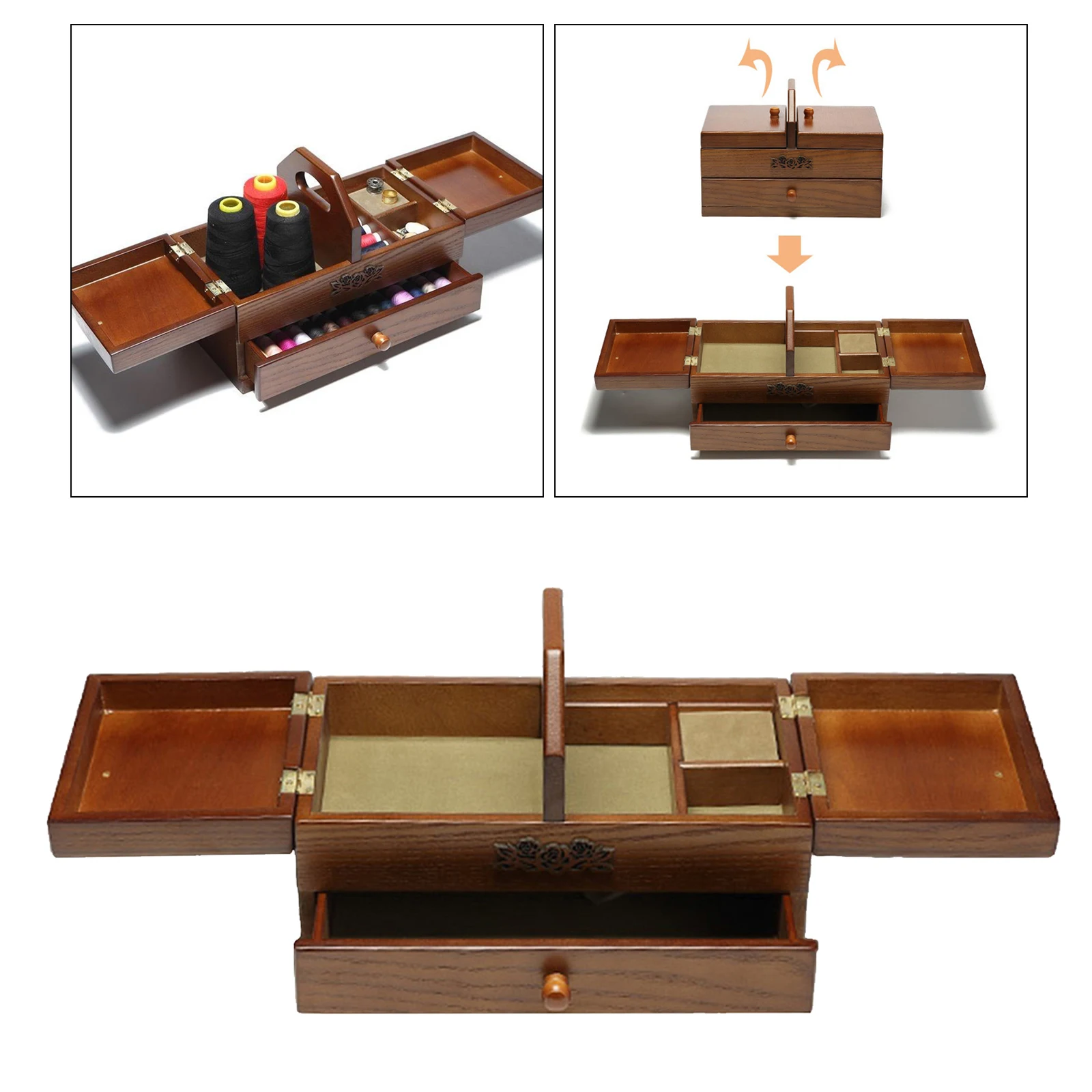 

2 Tier Wooden Sewing Box Basket, the Inside Sewing Notions are Easy to Access, Which Makes it Very Convenient to Use Everyday