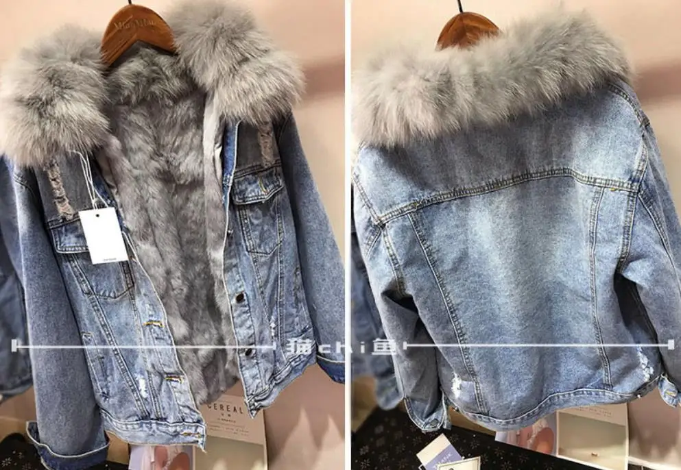 blue with few hole Зимнее модное женское теплое пальто, Воротник из натурального Лисьего меха+ подкладка из натурального кроличьего меха, джинсовая куртка, женская утепленная свободная меховая верхняя одежда L1784 - Цвет: blue with few hole