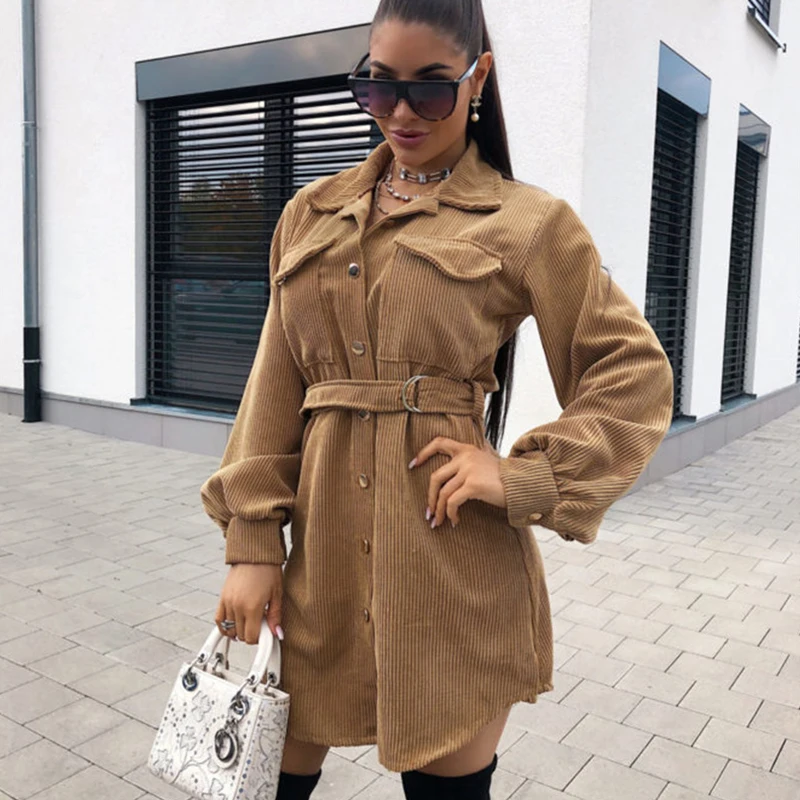 

New Fashion Corduroy Belt Dress Coat Elegant Lapel Single-Breasted Mini Dress Spring Autumn Women Long Sleeve Solid A-Line Dress