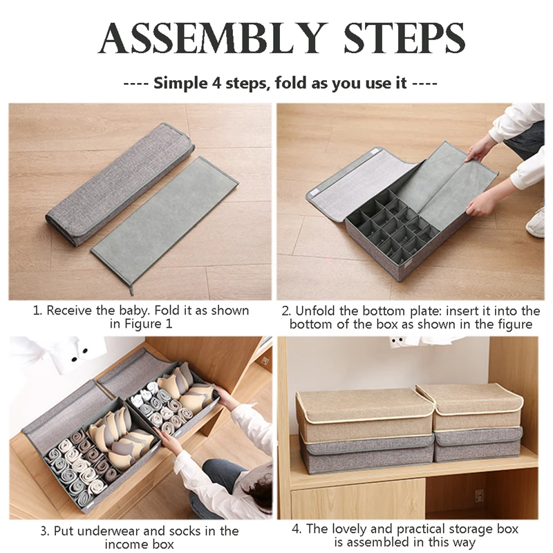 

Underwear Storage Sock Drawer Organizer with Lids Foldable Closet Drawer Divider Linen Cotton Storage Box For Socks Bra